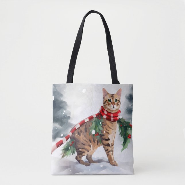 Tote Bag Chat du Bengale à Noël de neige (Devant)