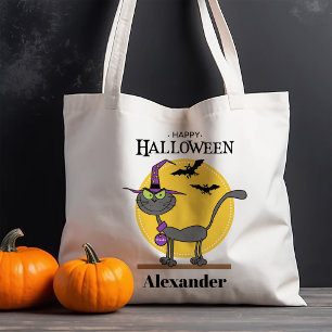 Tote Bag Chat effrayant avec chauves-souris Halloween perso