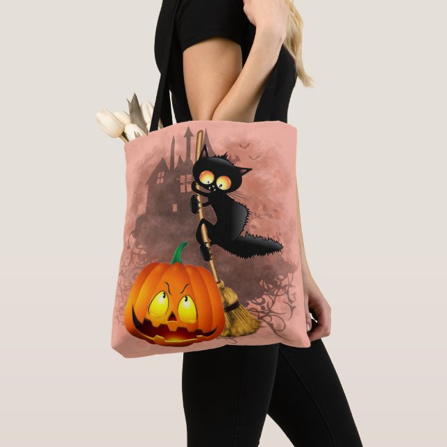 Tote Bag Chat effrayé par Citrouille Fun Halloween caractèr (De près)