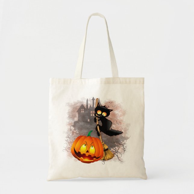 Tote Bag Chat effrayé par Citrouille Fun Halloween caractèr (Devant)