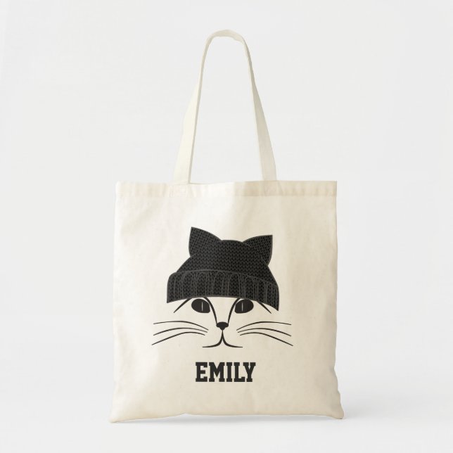Tote Bag Chat en Casquette de laine Cute personnalisée (Devant)