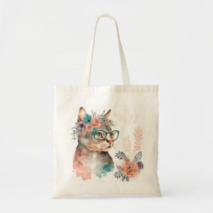 Tote Bag Chat floral amusant avec verre