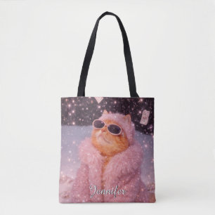 Tote Bag Chat Glam Money en manteau de fourrure rose et lun