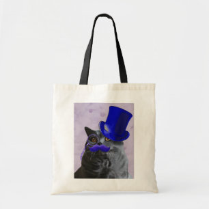 Tote Bag Chat gris avec chapeau bleu et moustache