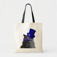 Chat gris avec chapeau bleu et moustache bleue
