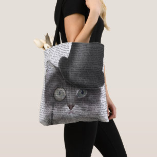 Tote Bag Chat gris avec chapeau supérieur