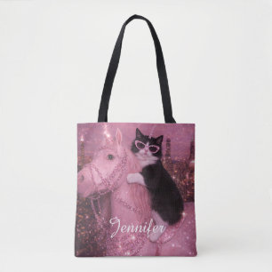 Tote Bag Chat Licorne Glamour sous la ville scintillante