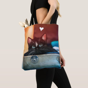 Tote Bag Chat mignon dans la valise avec le coeur -