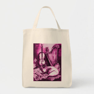 Tote Bag CHAT MUSICAL, rose Fuchsia violet et blanc