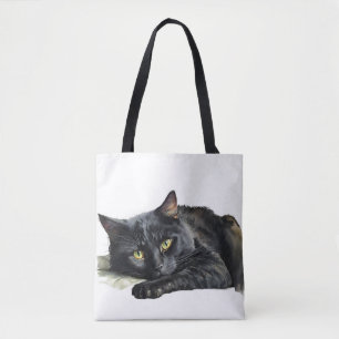 Tote Bag Chat noir aquarelle blanc