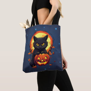 Tote Bag Chat noir avec citrouille d'Halloween