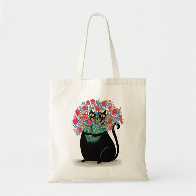 Tote Bag Chat noir avec fleurs (Devant)