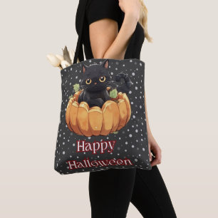 Tote Bag Chat noir Citrouille Points Black Joyeux Halloween