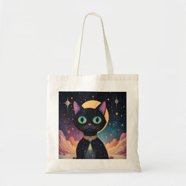 Tote Bag Chat noir cosmique futuriste atomique en clair de  (Devant)