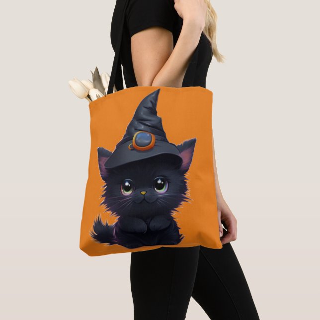 Tote Bag Chat noir d'Halloween blanc mignon (De près)