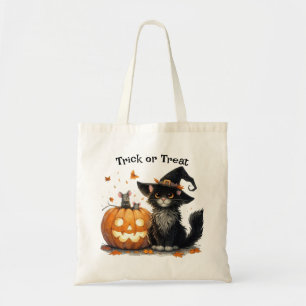 Tote Bag Chat noir d'Halloween dans la sorcière Casquette d