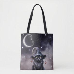 Tote Bag Chat noir d'Halloween portant un chapeau de sorciè