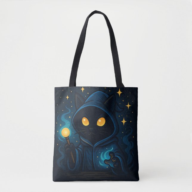 Tote Bag Chat noir drôle avec Casquette sorcier (Devant)