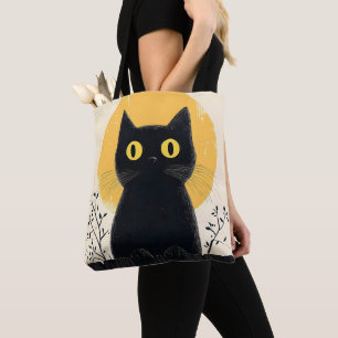 Tote Bag Chat noir drôle avec pleine lune