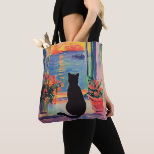 Tote Bag Chat noir drôle profitant du coucher du soleil