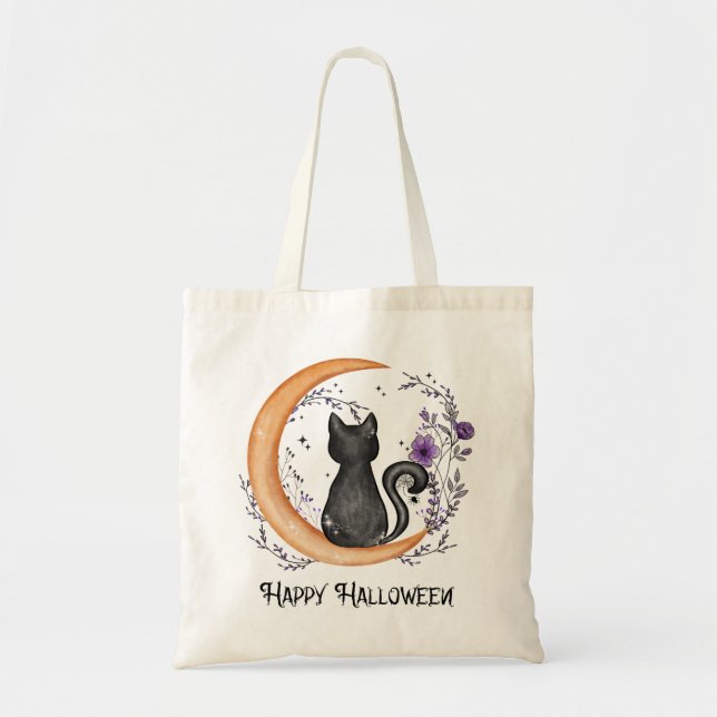 Tote Bag Chat noir et lune de croissant pour Halloween heur (Devant)