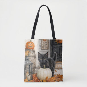 Tote Bag Chat noir et maison de ferme à citrouilles Hallowe