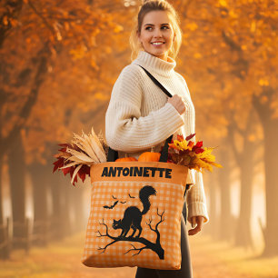 Tote Bag Chat noir Halloween sur plaid gingham orange arbre