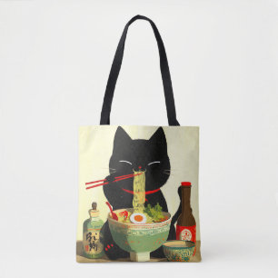 Tote Bag Chat noir heureux mangeant du Ramen   Ukiyo-e japo
