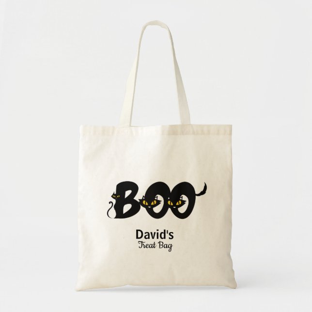 Tote Bag Chat noir maigre Boo Halloween Tricoter ou traiter (Devant)