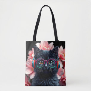 Tote Bag Chat noir mignon avec lunettes et écouteurs