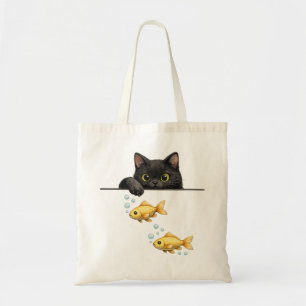 Tote Bag Chat noir mignon regardant l'art du poisson rouge