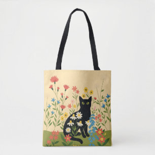 Tote Bag Chat noir parmi des fleurs sauvages colorées – Cot
