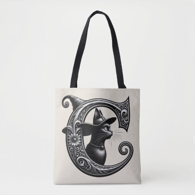 Tote Bag Chat Noir Sorcière Lettre C Initiale Personnalisée (Devant)