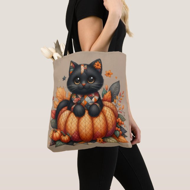 Tote Bag Chat noir sur Citrouille avec Motif de courtepoint (De près)