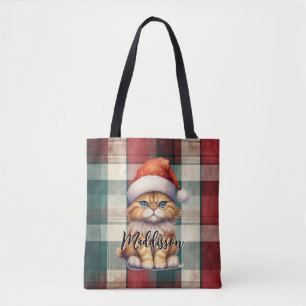 Tote Bag Chat Père Noël Plaid De Noël Avec Nom