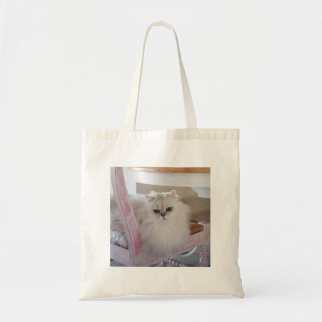 Tote Bag Chat perse blanc sur une chaise rose (Devant)