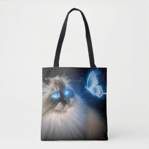 Tote Bag Chat Ragdoll Avec Papillon Néon Bleu