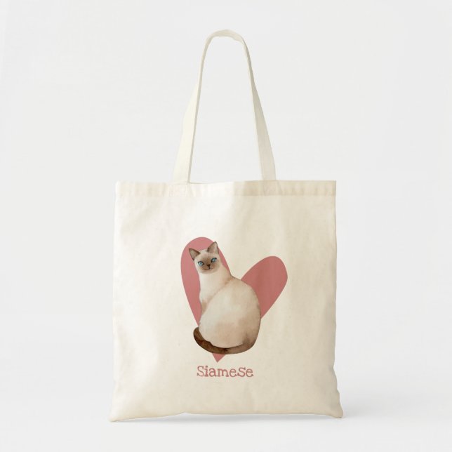 Tote Bag Chat Siamois Aquarelle Kitty Coeur rose (Devant)