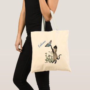 Tote Bag Chat Siamois avec Papillon Bleu Personnalisé