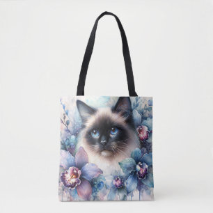 Tote Bag Chat siamois et fleurs d'orchidées aquarelle
