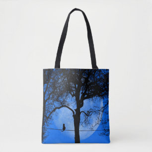 Tote Bag Chat sur une lune bleue fil