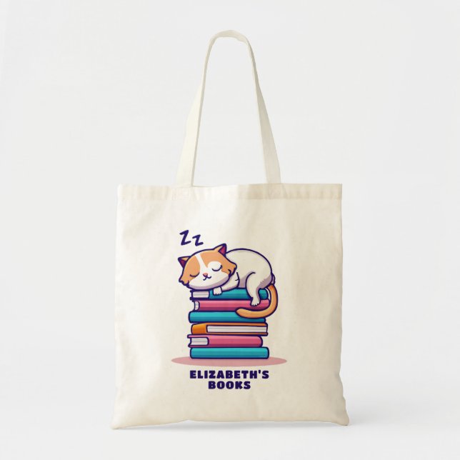 Tote Bag Chat sur une pile de livres Cute Personnalisé Litt (Devant)