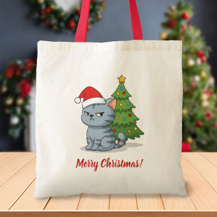 Tote Bag Chat tabby gris grincheux avec chapeau de Noël rou