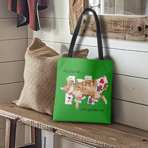 Tote Bag Chat tigré orange drôle jouant aux cartes de solit