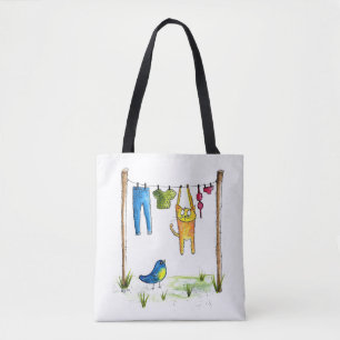 Tote Bag Chat Whimsical sur une ligne de linge