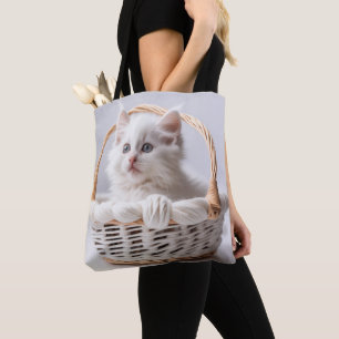 Tote Bag Chaton blanc dans une panier