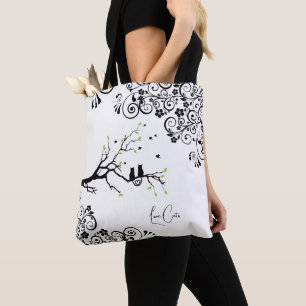 Tote Bag Chats dans un arbre Coeur d'amour noir blanc mot t