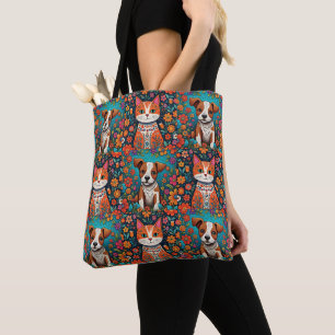 Tote Bag Chats de Whimsical et Chien avec Fleurs d'Art Folk