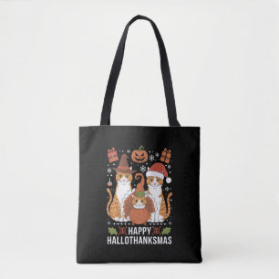 Tote Bag Chats Joyeux Hallothanksmas Halloween Noël 