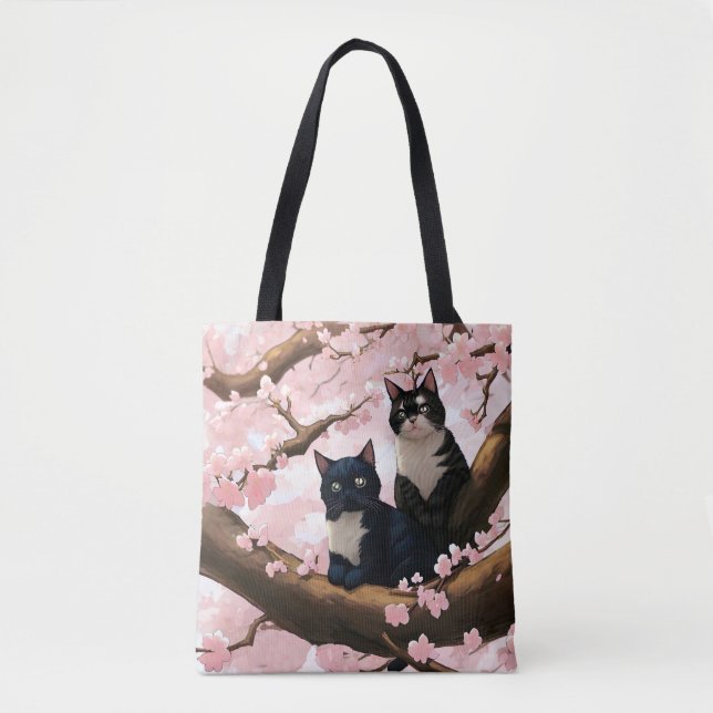 Tote Bag Chats Mignons Sur Un Arbre En Fleur De Cerise (Devant)